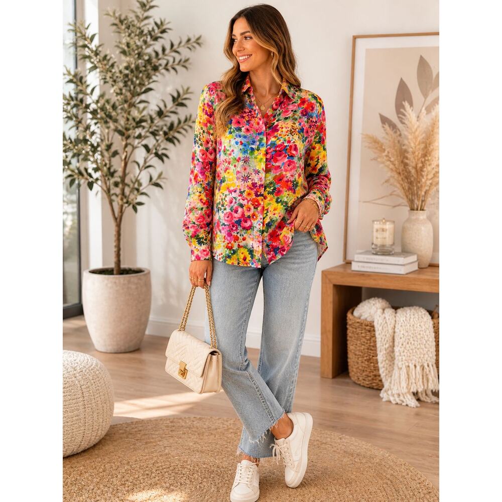 Alice + Olivia Button Down Blouse Womens Willa Floral 100% Silk Stretch - Medium
